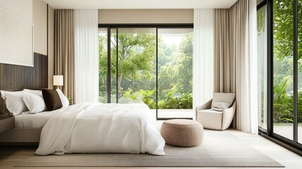 Bright and airy bedroom in a modern Bangkok home with neutral tones and contemporary furnishings, perfectly staged for a real estate market presentation