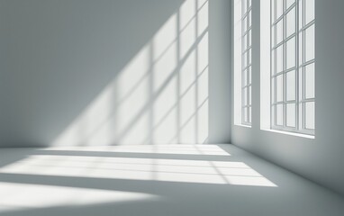 Fototapeta premium Minimalist Abstract White Background with Soft Shadows and Light Reflections, Ideal for Product Display or Advertising Backdrop in a Studio Setting.