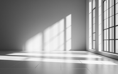 Fototapeta premium Minimalist Abstract White Background with Soft Shadows and Light Reflections, Ideal for Product Display or Advertising Backdrop in a Studio Setting.