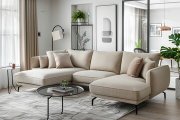 Sleek modern light beige velvet chaise lounge with gold legs, black metal side tables, white carpet, plants, and framed artwork in a bright, contemporary living room.