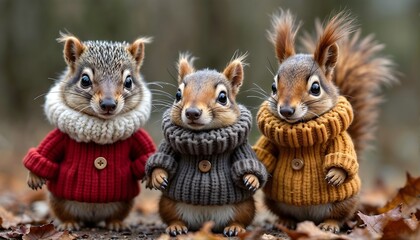 Fototapeta premium Three cute squirrels wearing colorful sweaters standing together.