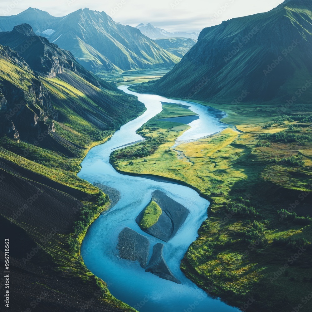 Poster Aerial view of a winding river flowing through a valley with lush green hills.