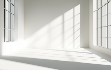 Fototapeta premium Minimalist Abstract White Background with Soft Shadows and Light Reflections, Ideal for Product Display or Advertising Backdrop in a Studio Setting.