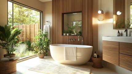 Fototapeta premium Bright modern bathroom with a freestanding tub, wooden accents, and a large mirror reflecting natural light from a nearby window