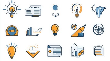 Entrepreneurship thin line icon set. Containing startup, business idea, innovation, investment, pitch deck, business plan, market analysis, funding, business model, networking, risk management.