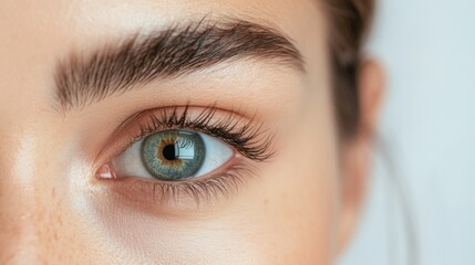 Fototapeta premium Close-up of a stunning green eye with long eyelashes, showcasing natural beauty and detail in a bright, clear setting.