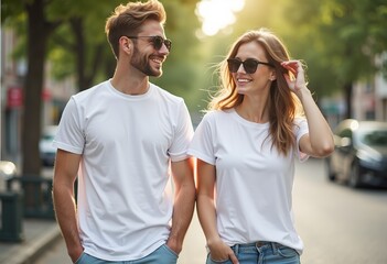 Obraz premium Young Couple in White T-shirts and Sunglasses Walking in a Sunny City Street - Perfect for Your Urban Fashion Design Mockup