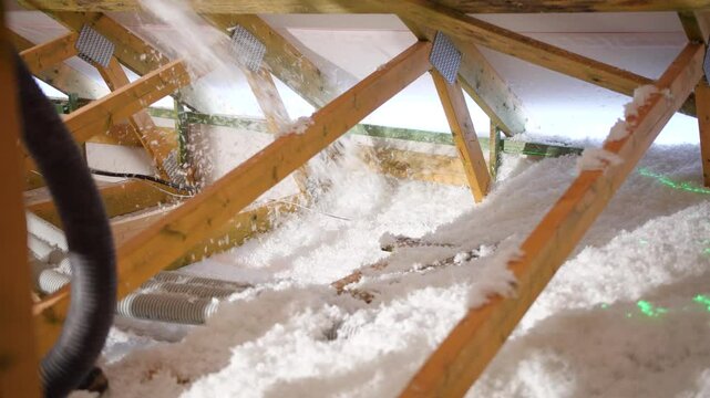 House attic insulation - construction worker installing cellulose on the roof