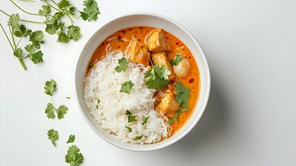 Fragrant Thai Curry with Jasmine Rice and Fresh Herbs on Minimalist White Background