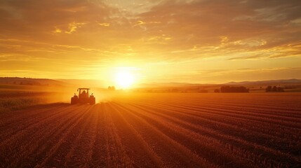 Fototapeta premium Vibrant sunset over a farmer field with tractor and crops, capturing rural life and hard work under golden light