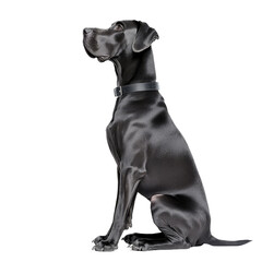 Elegant black dog in seated position isolated on white background, showcasing its sleek and shiny...