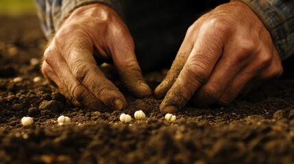 Close-up of a farmer hands sowing seeds in rich soil, with a focus on the texture and dedication involved in farming