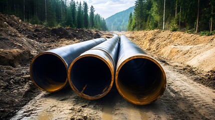 A long line of pipes are lit up in the dark. The pipes are black and yellow. Concept of industrial activity and the importance of the pipes in the process