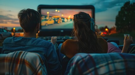 A fun summer evening at a drive-in movie theater with families and friends watching a movie under the stars,