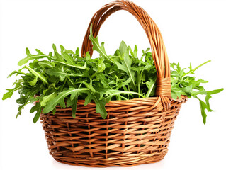Naklejka premium Fresh arugula in a wicker basket isolated on white background