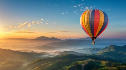 Obraz premium A vibrant hot air balloon soaring over a picturesque mountain range during sunrise, with the golden light casting long shadows.