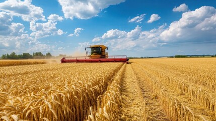 Obraz premium Traditional rural farm with combine harvester collecting golden wheat on a clear blue sky day surrounded by nature