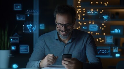 A man smiles while using a smartphone, surrounded by digital graphics and data icons, representing modern technology and communication.
