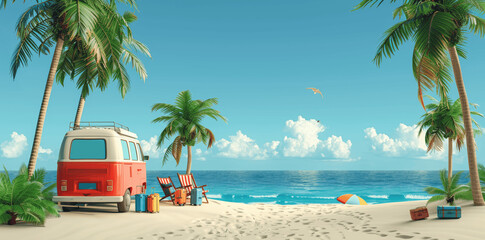 Obraz premium Minimalistic 3D Illustration of Summer Beach Vacation with Campervan, Palm Trees, and Travel Accessories