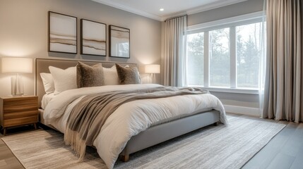 Contemporary bedroom in a modern residence with cozy bedding, stylish furnishings, and soft lighting, set up for a real estate listing presentation