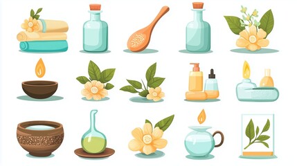 Stylish collection of spa and wellness items including towels, essential oils, and botanical elements for relaxation and self-care