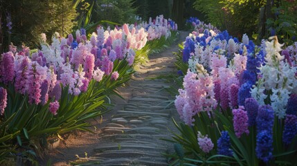 A garden path lined with blooming hyacinths in shades of purple, pink, and white, inviting a serene spring stroll amidst the floral fragrance