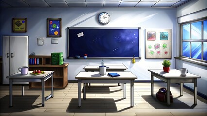 Naklejka premium Empty Classroom with Desks, Bookshelves, and a Starry Night Sky Blackboard