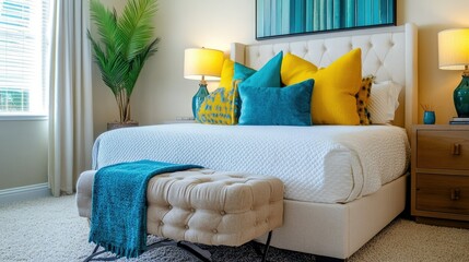 Contemporary bedroom with vibrant yellow and blue pillows, a neutral carpet, and a modern side table lamp, creating a stylish and cozy retreat space