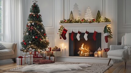 Fototapeta premium Cozy modern living room with christmas decor, warm fireplace, and festive ornaments for the holidays