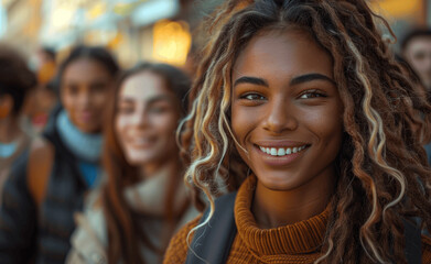 Fototapeta premium Young Woman Smiling Outdoors With Friends In Bustling Street