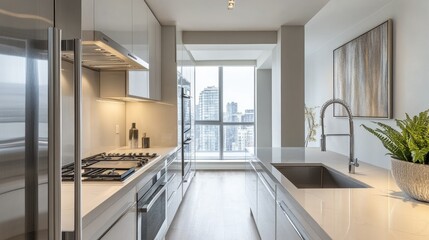 Contemporary kitchen interior in a high-end apartment with sleek countertops, stainless steel appliances, and minimalist decor, reflecting a clean and sophisticated design