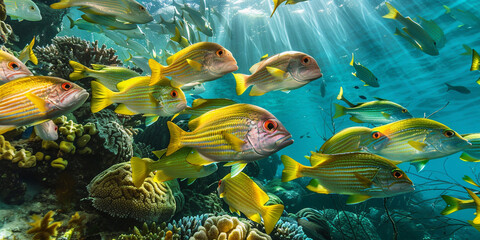 Two colorful fish swimming in a coral reef with water background 