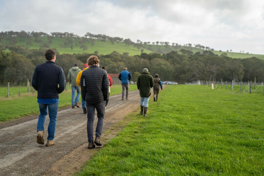 farmers at a field day on a farm. agronomist giving a talk with farming information 