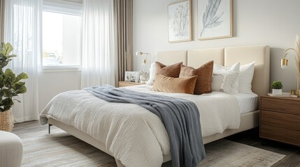 Contemporary master bedroom with a king-sized bed, soft lighting, and elegant decor, perfectly staged for showcasing to potential buyers