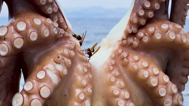 Octopuses left to dry on the beach in the village of Sikamineas on the island of Lesbos Greece and wasps trying to get their share