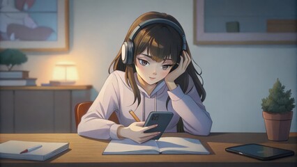 Anime Girl Studying With Headphones On While Using Phone