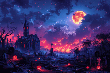 Fototapeta premium Haunted Gothic Church With Glowing Red Windows In Spooky Graveyard Under Full Moon