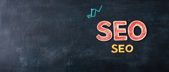 Chalkboard with SEO letters drawn in colorful chalk, symbolizing search engine optimization for digital marketing and online visibility.