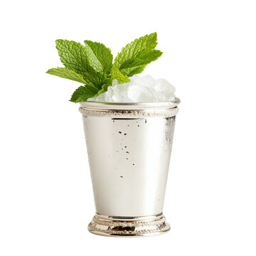Refreshing mint julep in a silver cup filled with ice and garnished with green mint leaves, perfect for summer beverages and cocktail themes.