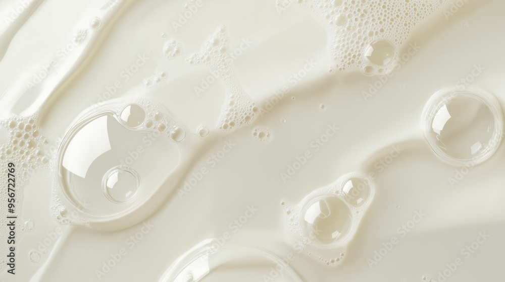 Poster bubbles and droplets of liquid on a smooth surface, capturing the interplay of light and texture in 