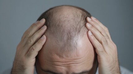 Fototapeta premium A man with a receding hairline expresses frustration by holding his head in despair against a neutral background.