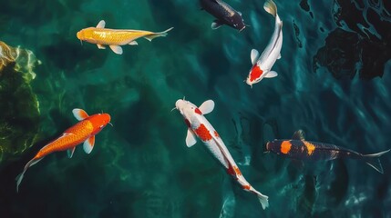 top view of colorful koi fish swimming in the water pool