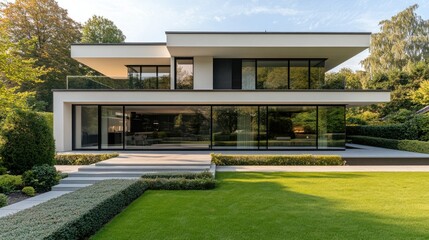 Fototapeta premium Cream-colored villa with a minimalist exterior design, featuring large black glass windows and a manicured garden, ideal for high-end real estate photography