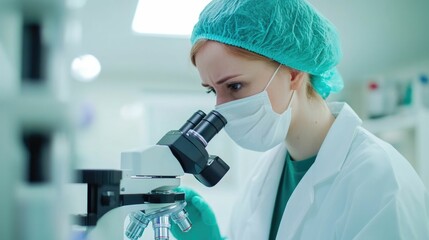 Veterinary researcher or pathologist conducting a microscopic examination of a sample in a laboratory setting analyzing and studying for medical diagnosis and healthcare purposes