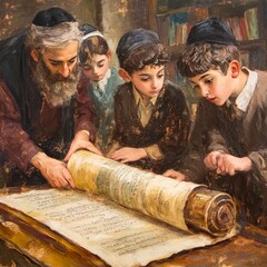 An older man with a long white beard teaches three young boys in a painting. He is pointing to a long scroll of text in front of them.