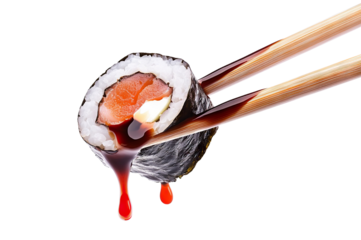 Delicious sushi roll with fresh ingredients, dripping soy sauce, held by chopsticks, cut out