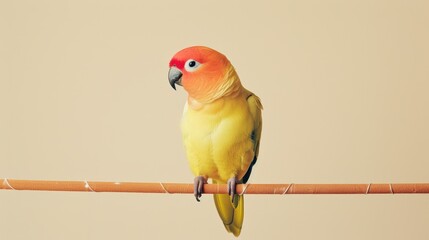 A vibrant lovebird perched on a branch, showcasing its stunning colors and charming personality in a simple background.