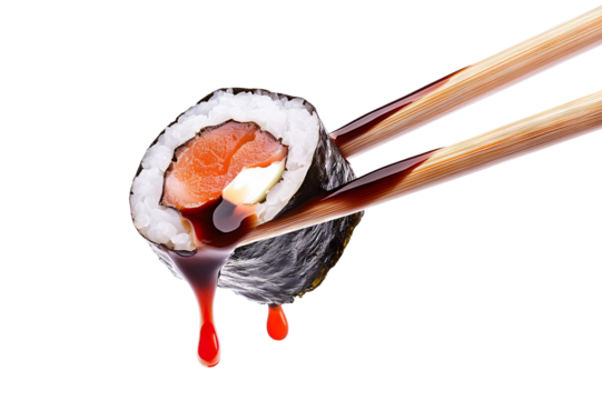 Delicious sushi roll with fresh ingredients, dripping soy sauce, held by chopsticks, cut out