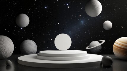 Fototapeta premium Abstract white podium floating in outer space, surrounded by planets and stars, perfect for futuristic product displays.