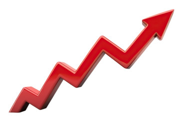 Red upward arrow graph showing rising trend, cut out